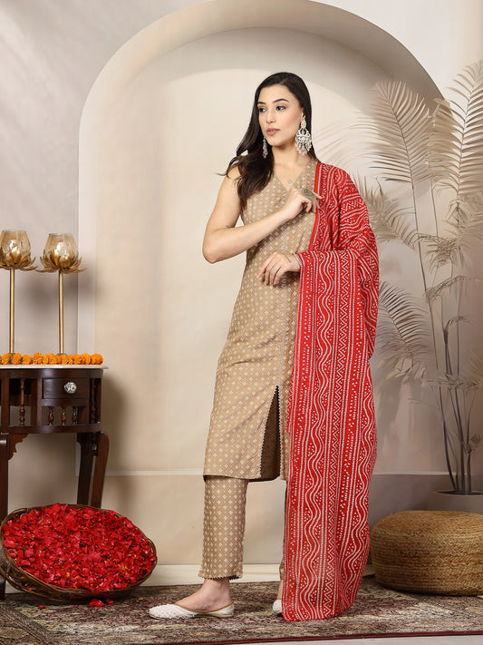 Stylum Women's Beige Gold Printed Rayon A-Line Kurta Pant Dupatta Set (KPDBEIGEBULB)