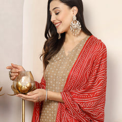 Stylum Women's Beige Gold Printed Rayon A-Line Kurta Pant Dupatta Set (KPDBEIGEBULB)