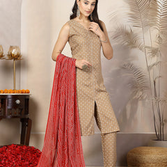 Stylum Women's Beige Gold Printed Rayon A-Line Kurta Pant Dupatta Set (KPDBEIGEBULB)