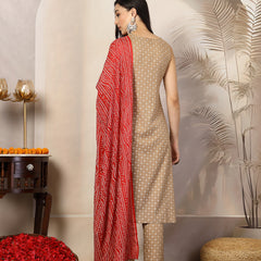 Stylum Women's Beige Gold Printed Rayon A-Line Kurta Pant Dupatta Set (KPDBEIGEBULB)