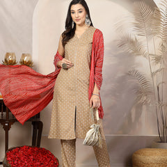 Stylum Women's Beige Gold Printed Rayon A-Line Kurta Pant Dupatta Set (KPDBEIGEBULB)