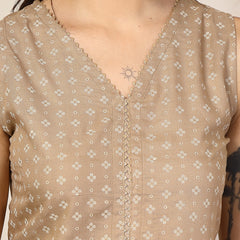 Stylum Women's Beige Gold Printed Rayon A-Line Kurta Pant Dupatta Set (KPDBEIGEBULB)