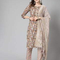 Stylum Women's Floral Printed Cotton Blend Straight Kurta Pant Dupatta Set (KPDBEIGEDANGAL)