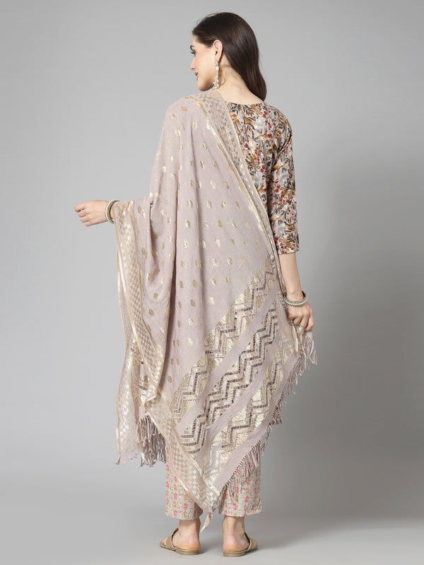 Stylum Women's Floral Printed Cotton Blend Straight Kurta Pant Dupatta Set (KPDBEIGEDANGAL)
