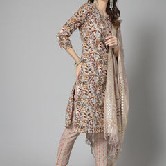 Stylum Women's Floral Printed Cotton Blend Straight Kurta Pant Dupatta Set (KPDBEIGEDANGAL)