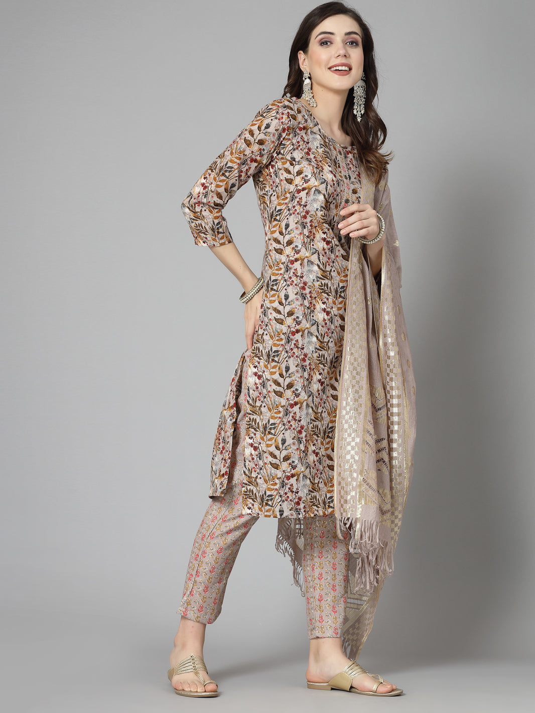 Women's Cotton Blend Printed Straight Kurta Pant With Dupatta