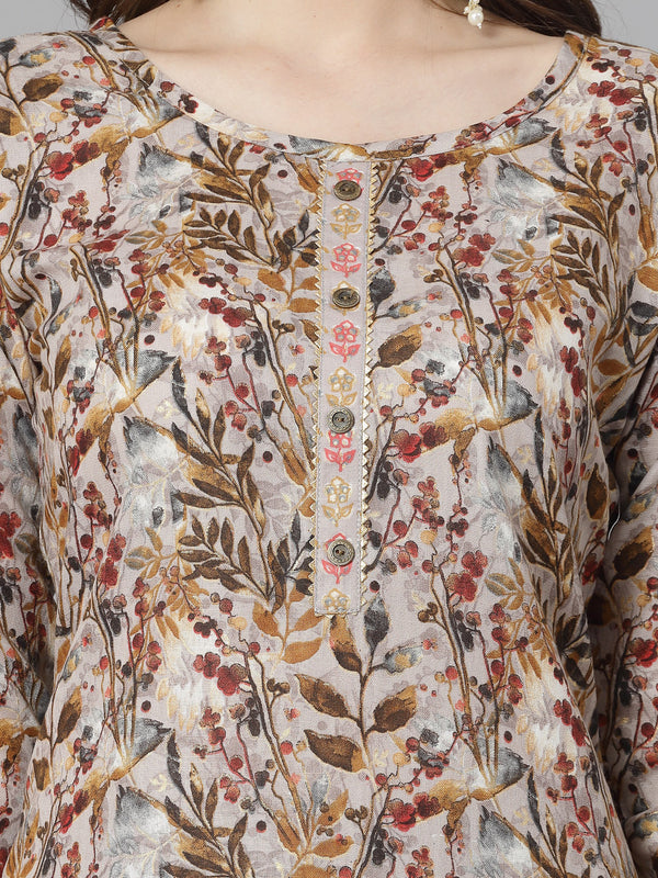 Stylum Women's Floral Printed Cotton Blend Straight Kurta Pant Dupatta Set (KPDBEIGEDANGAL)