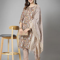 Stylum Women's Floral Printed Cotton Blend Straight Kurta Pant Dupatta Set (KPDBEIGEDANGAL)