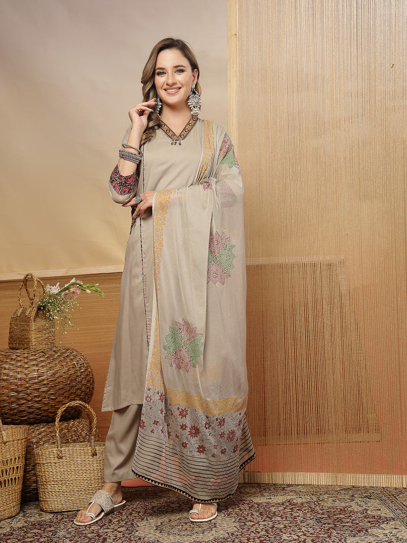 Stylum Women's Beige Solid Rayon Straight Kurta Palazzo Dupatta Set (KPDBEIGEHOKIN)