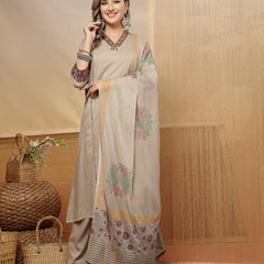 Stylum Women's Beige Solid Rayon Straight Kurta Palazzo Dupatta Set (KPDBEIGEHOKIN)