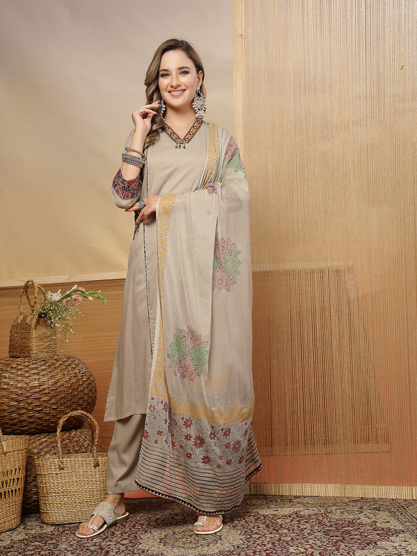 Stylum Women's Beige Solid Rayon Straight Kurta Palazzo Dupatta Set (KPDBEIGEHOKIN)