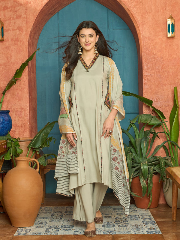 Stylum Women's Beige Solid Rayon Straight Kurta Palazzo Dupatta Set (KPDBEIGEHOKIN)
