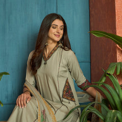 Stylum Women's Beige Solid Rayon Straight Kurta Palazzo Dupatta Set (KPDBEIGEHOKIN)