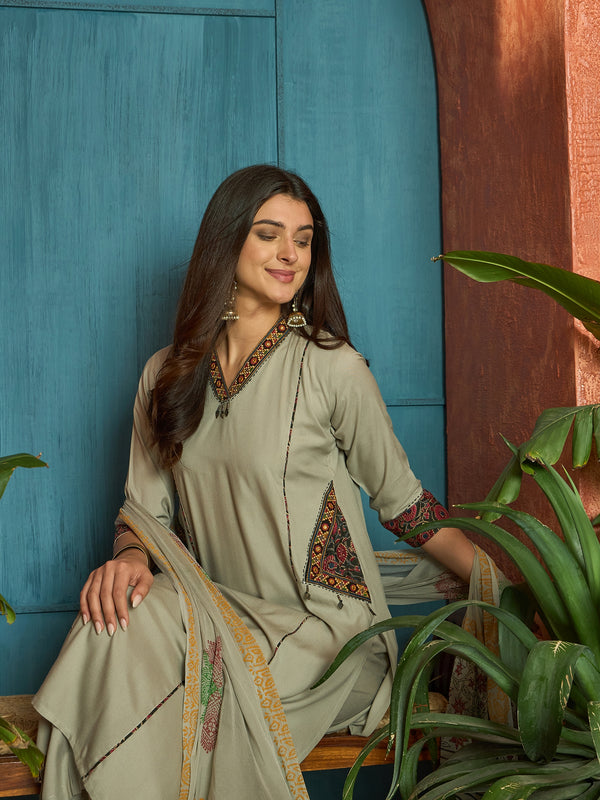 Stylum Women's Beige Solid Rayon Straight Kurta Palazzo Dupatta Set (KPDBEIGEHOKIN)