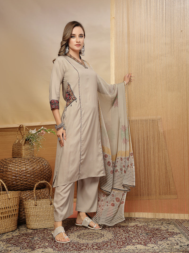 Stylum Women's Beige Solid Rayon Straight Kurta Palazzo Dupatta Set (KPDBEIGEHOKIN)