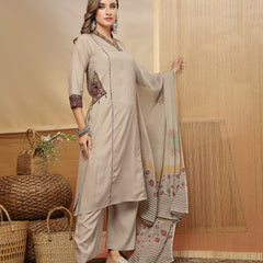 Stylum Women's Beige Solid Rayon Straight Kurta Palazzo Dupatta Set (KPDBEIGEHOKIN)