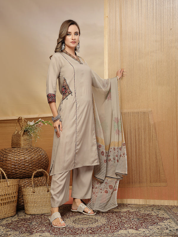 Stylum Women's Beige Solid Rayon Straight Kurta Palazzo Dupatta Set (KPDBEIGEHOKIN)