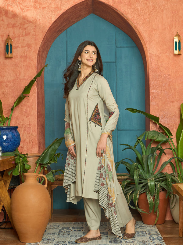 Stylum Women's Beige Solid Rayon Straight Kurta Palazzo Dupatta Set (KPDBEIGEHOKIN)