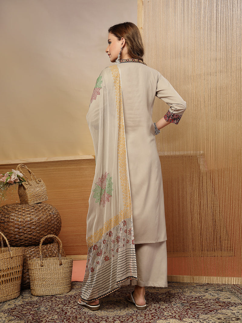 Stylum Women's Beige Solid Rayon Straight Kurta Palazzo Dupatta Set (KPDBEIGEHOKIN)