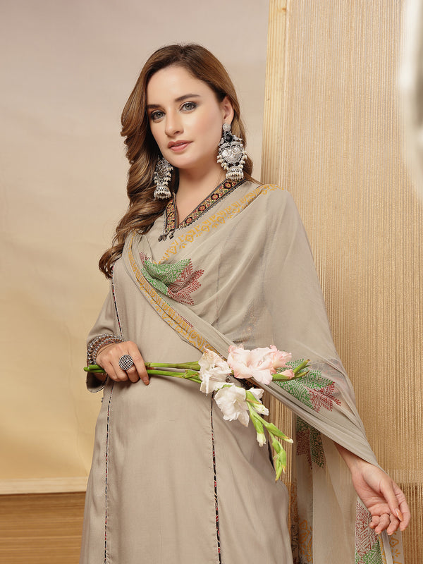 Stylum Women's Beige Solid Rayon Straight Kurta Palazzo Dupatta Set (KPDBEIGEHOKIN)