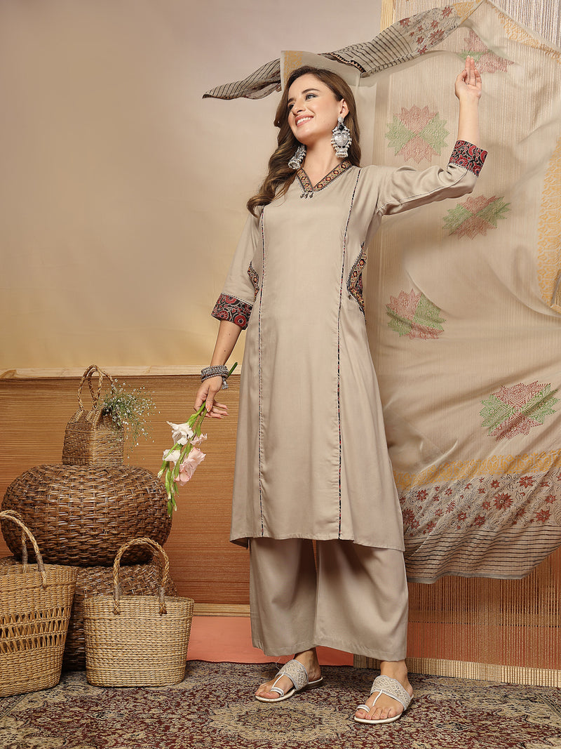 Stylum Women's Beige Solid Rayon Straight Kurta Palazzo Dupatta Set (KPDBEIGEHOKIN)