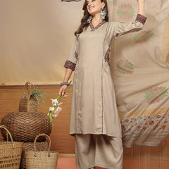 Stylum Women's Beige Solid Rayon Straight Kurta Palazzo Dupatta Set (KPDBEIGEHOKIN)