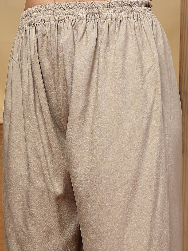 Stylum Women's Beige Solid Rayon Straight Kurta Palazzo Dupatta Set (KPDBEIGEHOKIN)