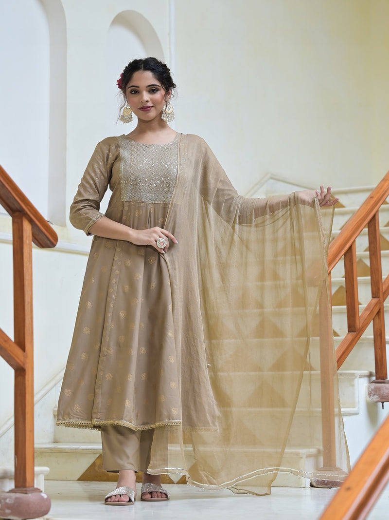 Stylum Women's Gold Printed & Embroidered Rayon Anarkali Kurta Pant Dupatta Set (KPDBEIGEJENA)