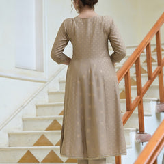 Stylum Women's Gold Printed & Embroidered Rayon Anarkali Kurta Pant Dupatta Set (KPDBEIGEJENA)