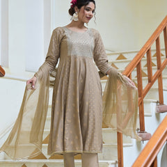 Stylum Women's Gold Printed & Embroidered Rayon Anarkali Kurta Pant Dupatta Set (KPDBEIGEJENA)