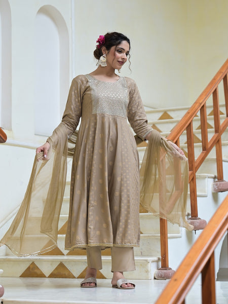 Stylum Women's Gold Printed & Embroidered Rayon Anarkali Kurta Pant Dupatta Set (KPDBEIGEJENA)