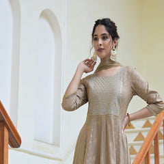 Stylum Women's Gold Printed & Embroidered Rayon Anarkali Kurta Pant Dupatta Set (KPDBEIGEJENA)