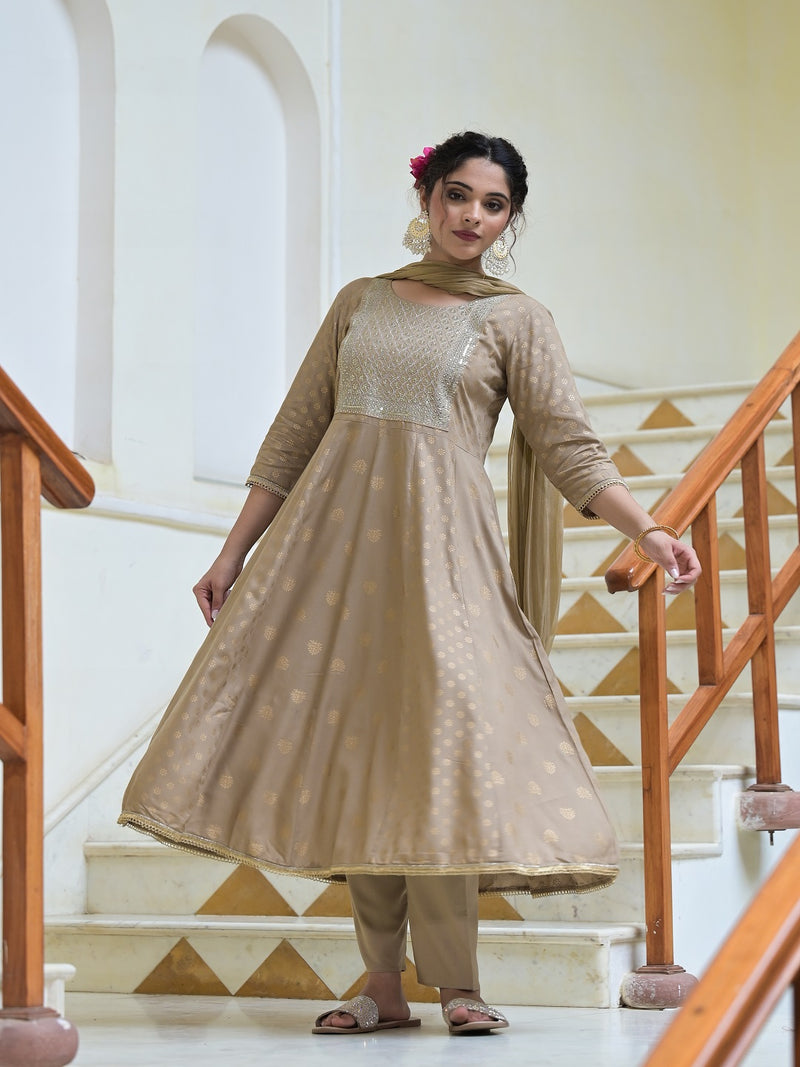 Stylum Women's Gold Printed & Embroidered Rayon Anarkali Kurta Pant Dupatta Set (KPDBEIGEJENA)