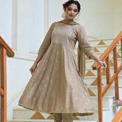 Stylum Women's Gold Printed & Embroidered Rayon Anarkali Kurta Pant Dupatta Set (KPDBEIGEJENA)