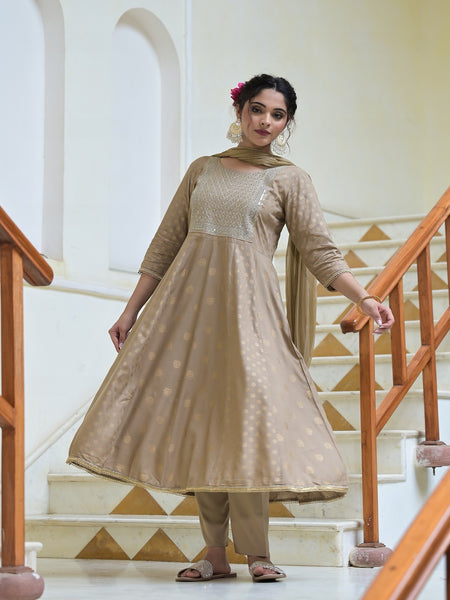 Stylum Women's Gold Printed & Embroidered Rayon Anarkali Kurta Pant Dupatta Set (KPDBEIGEJENA)