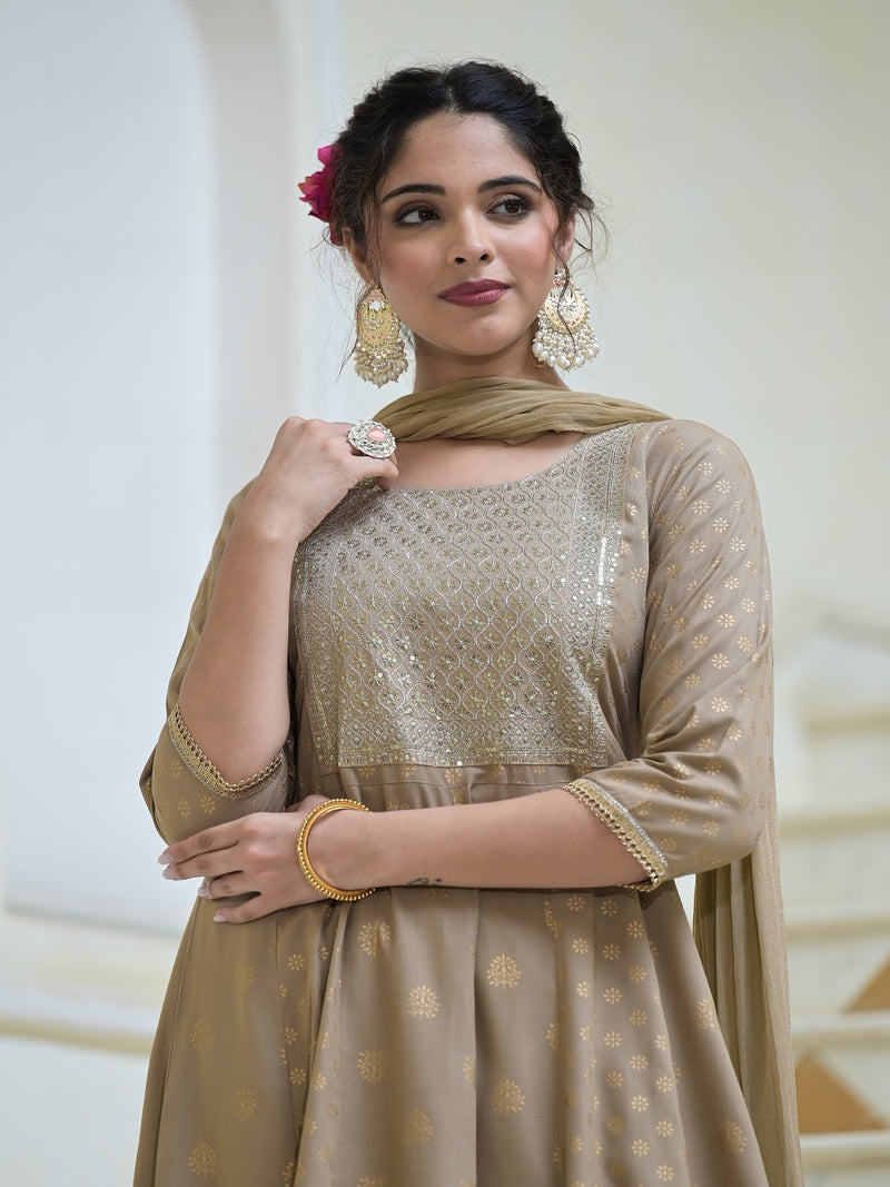 Stylum Women's Gold Printed & Embroidered Rayon Anarkali Kurta Pant Dupatta Set (KPDBEIGEJENA)