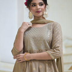 Stylum Women's Gold Printed & Embroidered Rayon Anarkali Kurta Pant Dupatta Set (KPDBEIGEJENA)