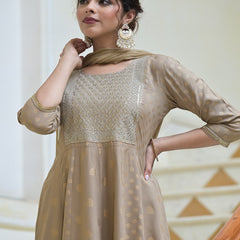 Stylum Women's Gold Printed & Embroidered Rayon Anarkali Kurta Pant Dupatta Set (KPDBEIGEJENA)