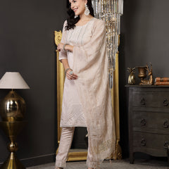 Stylum Women's Beige Woven Design & Embroidered Silk Blend Straight Kurta Pant Dupatta Set (KPDBEIGELAZER)