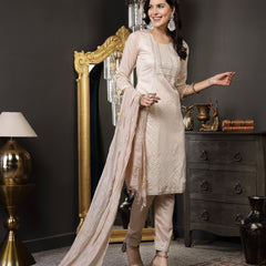 Stylum Women's Beige Woven Design & Embroidered Silk Blend Straight Kurta Pant Dupatta Set (KPDBEIGELAZER)