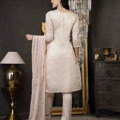 Stylum Women's Beige Woven Design & Embroidered Silk Blend Straight Kurta Pant Dupatta Set (KPDBEIGELAZER)