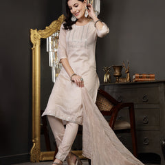 Stylum Women's Beige Woven Design & Embroidered Silk Blend Straight Kurta Pant Dupatta Set (KPDBEIGELAZER)