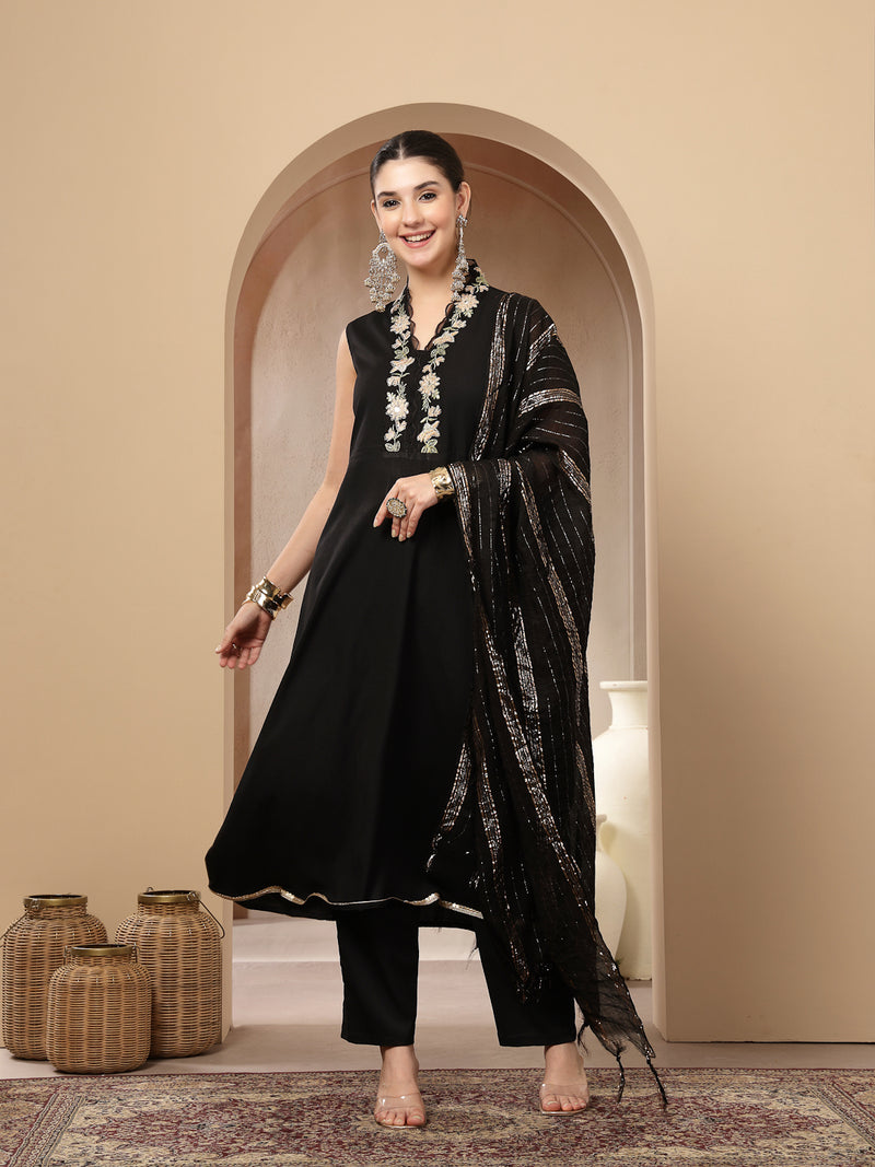 Stylum Women's Black Solid & Embroidered Crepe A-Line Kurta Pant Dupatta Set (KPDBLACKAESTHIC)