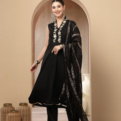 Stylum Women's Black Solid & Embroidered Crepe A-Line Kurta Pant Dupatta Set (KPDBLACKAESTHIC)
