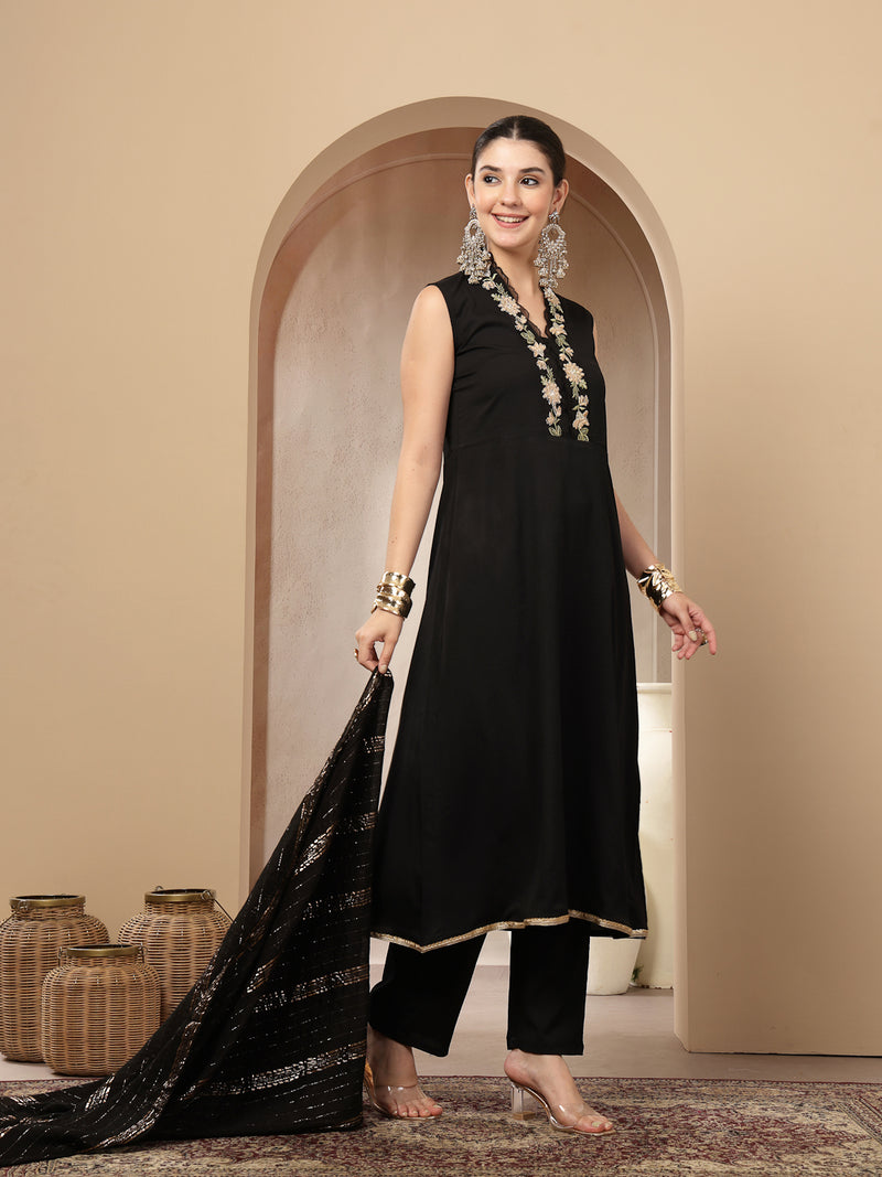 Stylum Women's Black Solid & Embroidered Crepe A-Line Kurta Pant Dupatta Set (KPDBLACKAESTHIC)