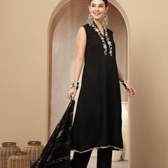Stylum Women's Black Solid & Embroidered Crepe A-Line Kurta Pant Dupatta Set (KPDBLACKAESTHIC)