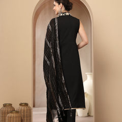 Stylum Women's Black Solid & Embroidered Crepe A-Line Kurta Pant Dupatta Set (KPDBLACKAESTHIC)