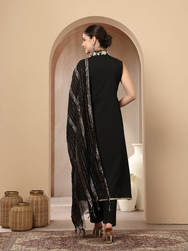 Stylum Women's Black Solid & Embroidered Crepe A-Line Kurta Pant Dupatta Set (KPDBLACKAESTHIC)