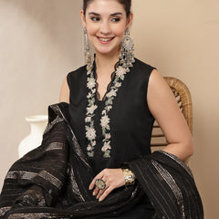 Stylum Women's Black Solid & Embroidered Crepe A-Line Kurta Pant Dupatta Set (KPDBLACKAESTHIC)