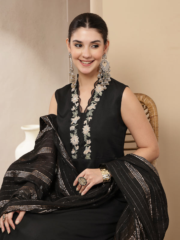 Stylum Women's Black Solid & Embroidered Crepe A-Line Kurta Pant Dupatta Set (KPDBLACKAESTHIC)